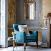 Bespoke, handmade armchair in linen with luxury mirror and embroidered cushion. - Beaumont & Fletcher