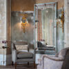 Bespoke, handmade armchair in linen with embroidered cushions, luxury mirror and traditional lights. - Beaumont & Fletcher