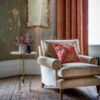 Bespoke, handmade armchair in velvet with embroidered cushion and luxury mirror. - Beaumont & Fletcher