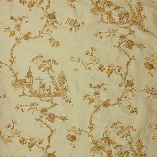 Golden silk with intricate chinoiseries style designs.