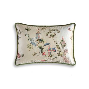 Cathay classic cushion - Gold garden with Capri - Georgian green back and piping