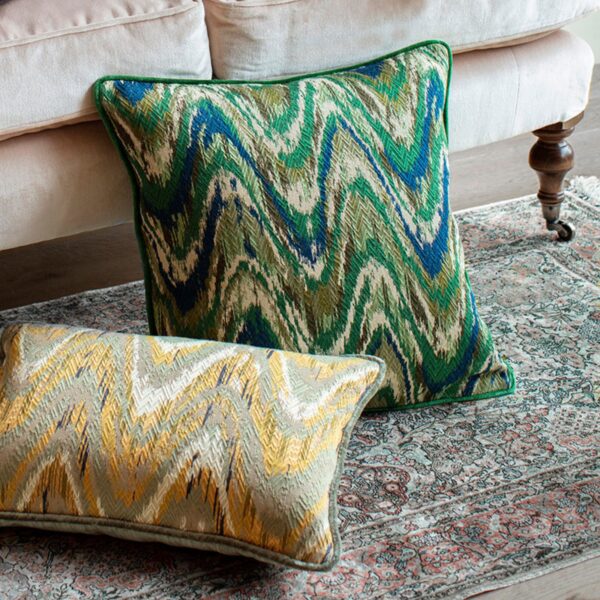 Two luxurious handmade cushions in flame stitch fabrics