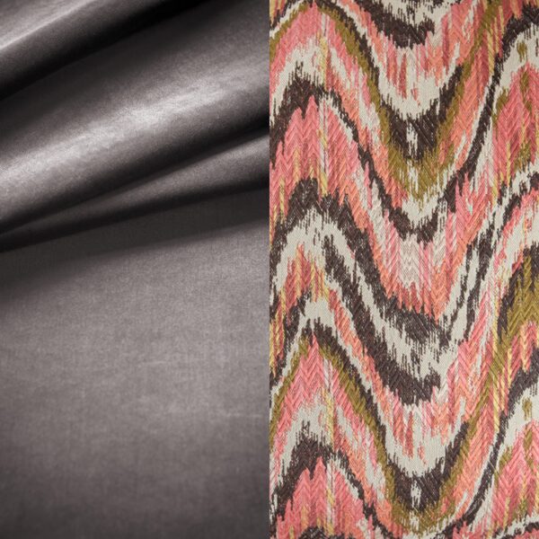 A luxurious silk velvet in a delicate shade of brown alongside a pink flame stitch fabric