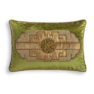 A green silk velvet hand embroidered cushion with an art deco design