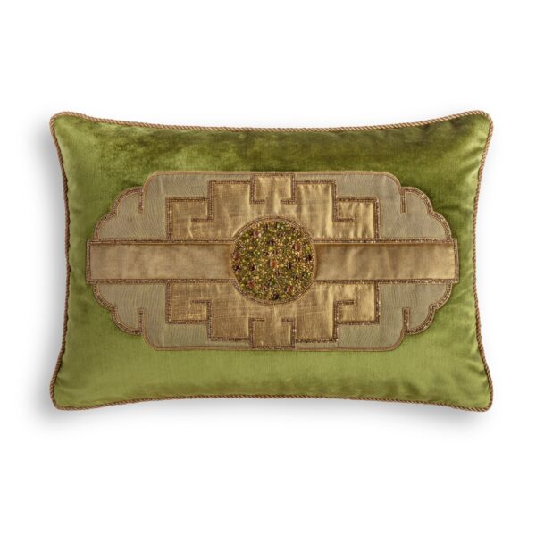 A green silk velvet hand embroidered cushion with an art deco design
