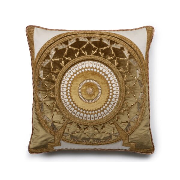 A highly decorative, hand embroidered cushion with metallic threads and applique