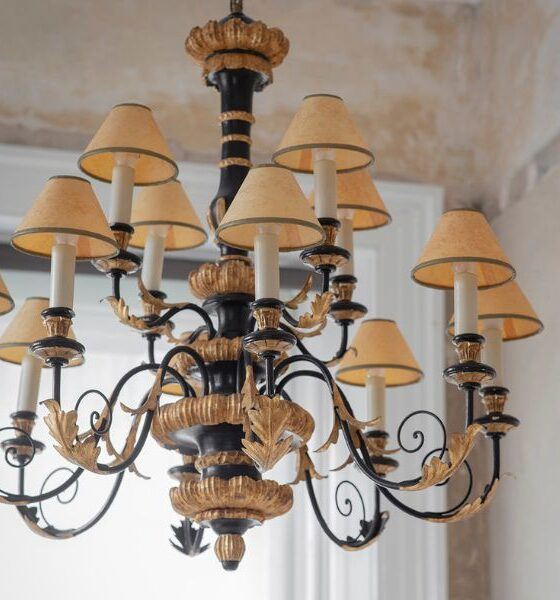 A traditional chandelier in a antique style black and gold finish